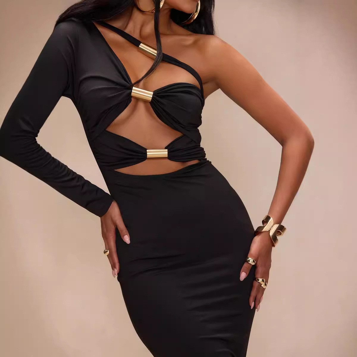 Women Clothing Sexy Cutout Metal Tube Slim Fit Maxi Dress Diagonal Collar Shoulder Sleeve Sheath Pencil Dress