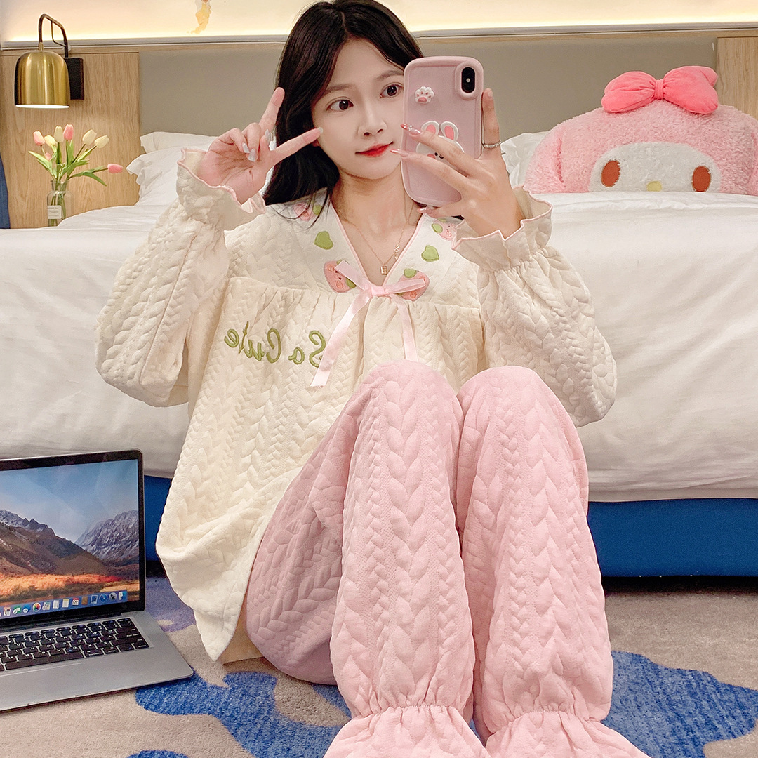 잠옷 밖에서 착용 할 수 있습니다 여성 가을과 겨울 공기면 따뜻한 V 목 풀오버 인터 레이어 귀여운 홈 의류 재고 도매