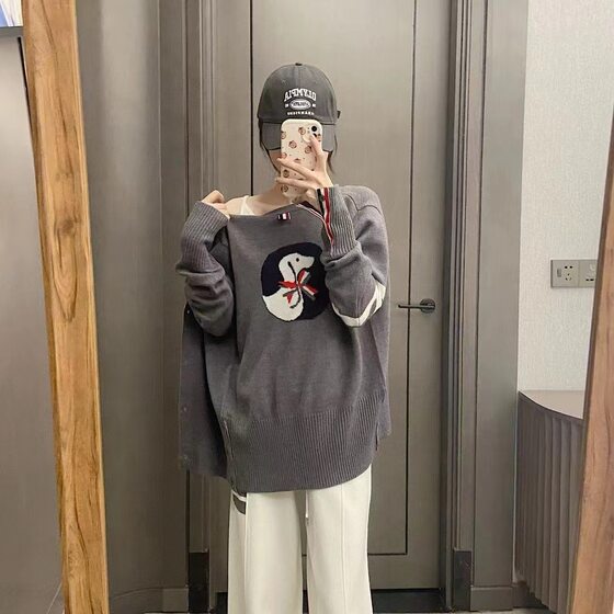 Factory Direct New tb knitted cardigan women's V-neck sweater back bow puppy slim wool coat