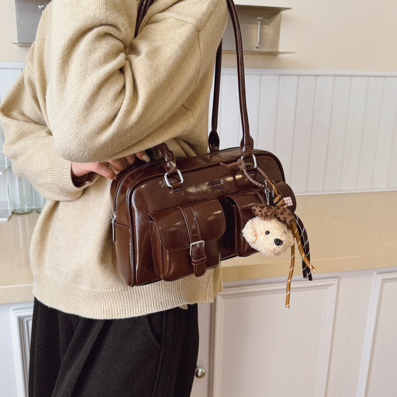 Korean Style Soft Leather Retro Bowling Bag For Women Winter 2025 New Arrival Luxury Shoulder Underarm Bag Commuter Handbag - Thumbnail 2