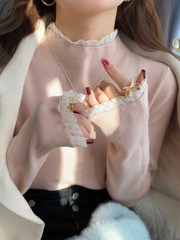 灰色蕾丝边打底衫女早秋季内搭2025新款设计感黑色上衣半高领毛衣|undefined
