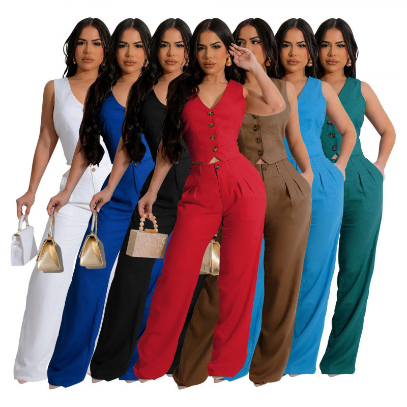 Al265 Amazon Independent Station European and American Clothing Linen Two-Piece Vest Vest Suit Office Ol Work Clothing Summer