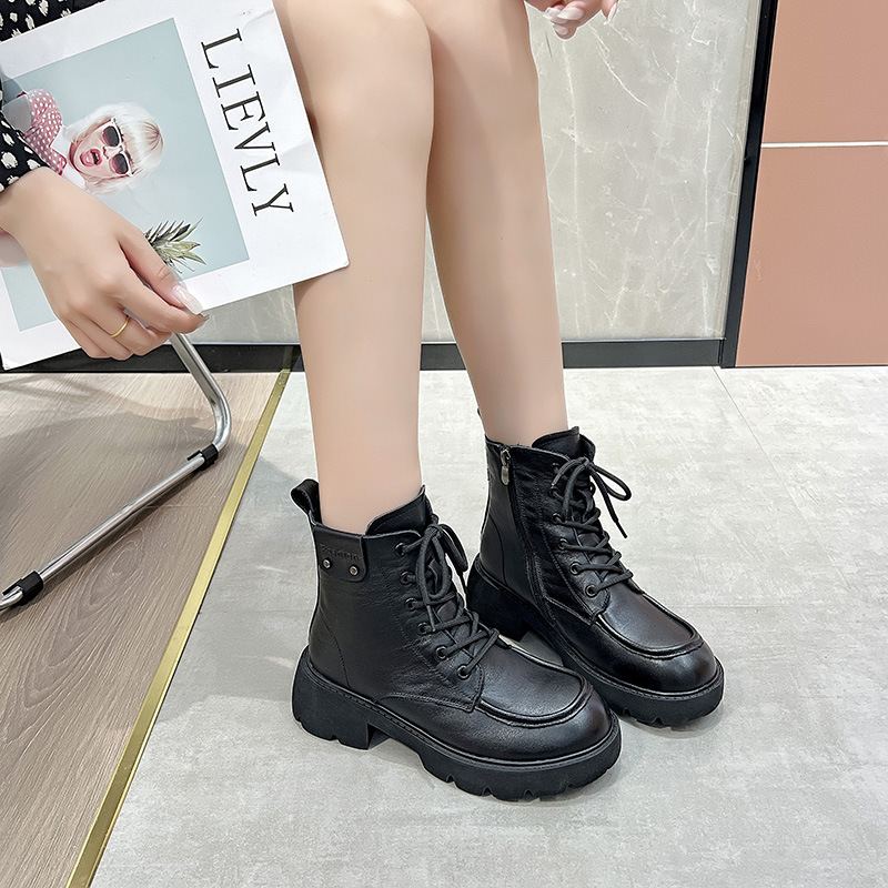 ShoeVault First Layer Cowhide Martin Boots For Women, Autumn And Winter Vintage British Style Casual Short Round Toe Mid-Calf_vogvips.com