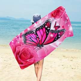 跨境红色蝴蝶花卉印花沙滩巾海边游泳浴巾健身运动毛巾厂家直销