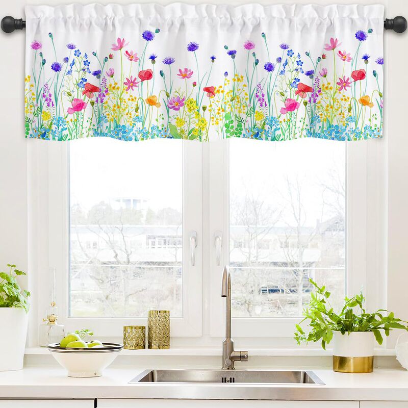 Cross-Border Amazon Short Curtains with Colorful Spring Wildflower Designs, Door Curtains, Coffee Curtains, Kitchen Sink Cabinet Dust Protection