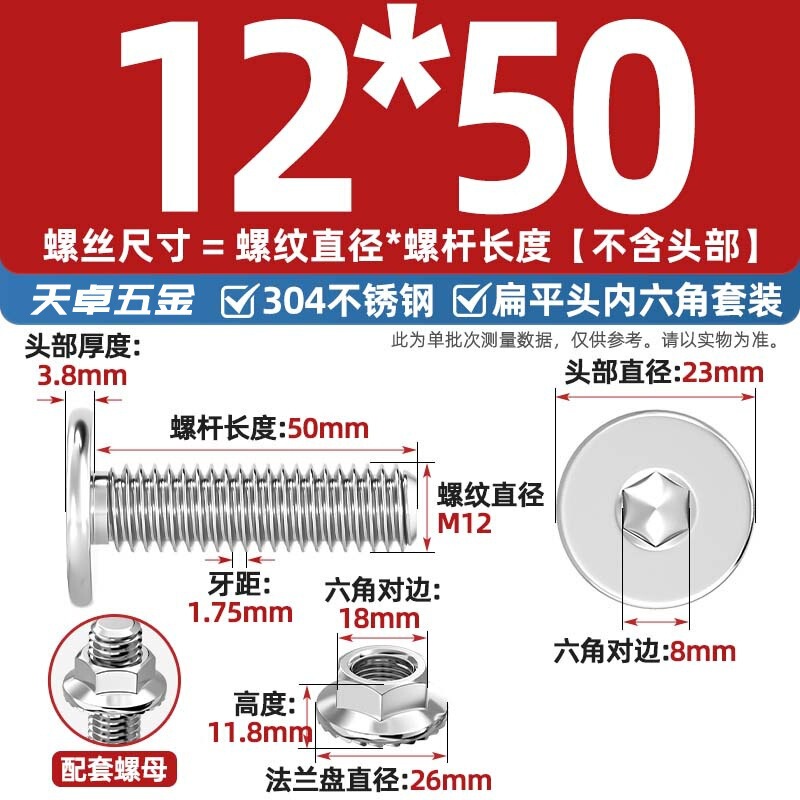 304不锈钢CM大平头超薄头C头扁平头内六角螺丝钉法兰边螺母套装M5|undefined
