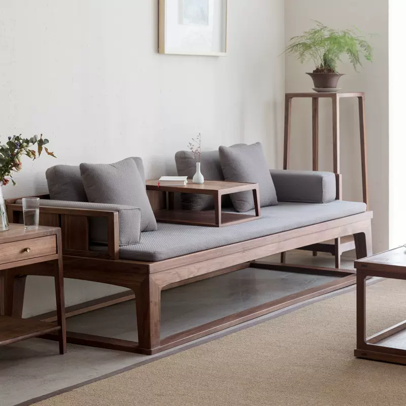 新中式黑胡桃木罗汉床实木家具客厅双人沙发中式禅意罗汉榻