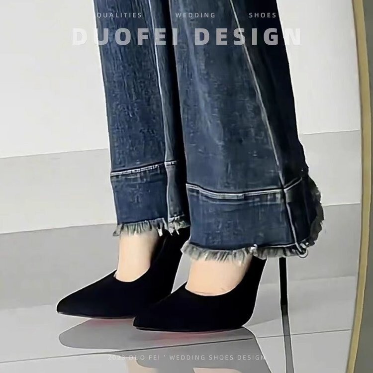 Red Bottom Sexy 2025 Summer New High Heels Women's Thin Waterproof Suede Pointed Toe Shallow Mouth Professional Black Shoes