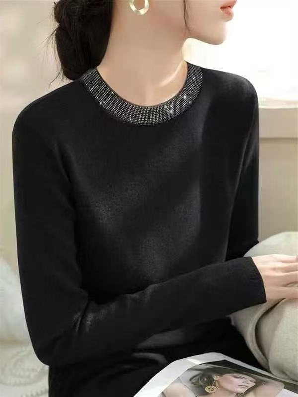 轻奢质感~镶钻圆领毛衣女2025新款秋冬洋气减龄内搭针织打底衫女|undefined