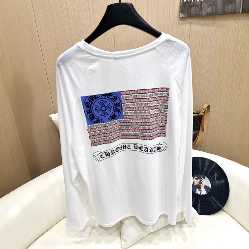 25ss 新しい ch クロウ国章日焼け止め夏薄いわずかに透けるグレーバックプリント V ネック長袖 T シャツ|undefined