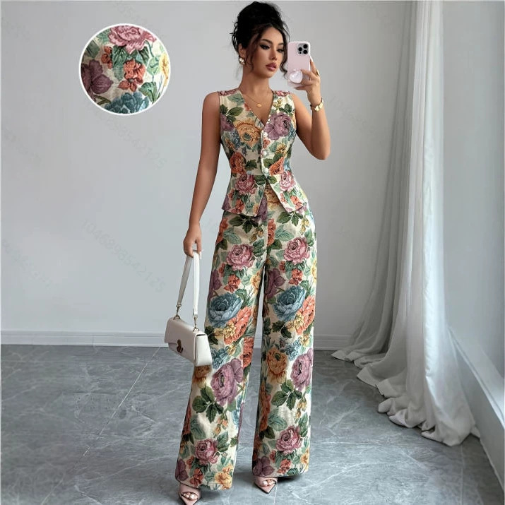 European and American Style Cross-Border Women's Clothing Printed Vest Set, Elegant Waist-Cinching Sleeveless Top + High-Waisted Wide-Leg Pants Two-Piece Set