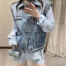 韩版新款牛仔马甲女款夏季宽松短款外套时尚百搭工艺绳子拼接