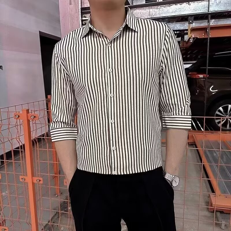 Summer Striped Short-sleeved Shirt Men's Trendy New Arrival Men's Seven-sleeved Top Clothes Feeling Faggot Handsome Casual Shirt