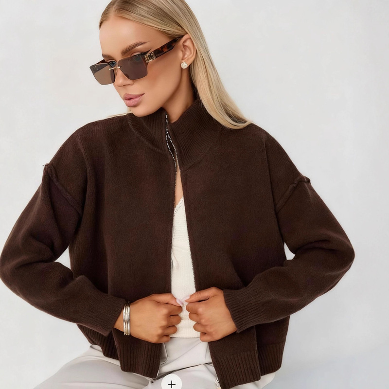 Russian Cross-Border Trade European and American Style Stand-Up Collar Double Zipper Knitted Sweater Cardigan Women's Autumn and Winter New Coat