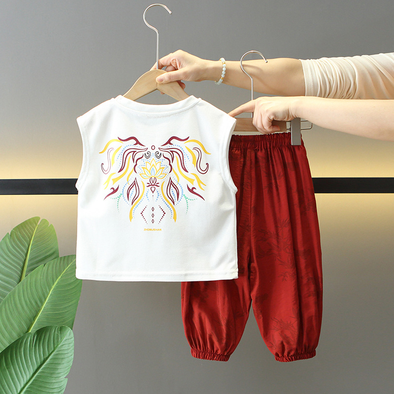 8082 traje de chaleco de verano para niños 2025 nuevo estilo ropa delgada de verano para niños pantalones anti-mosquitos para niños de dos piezas