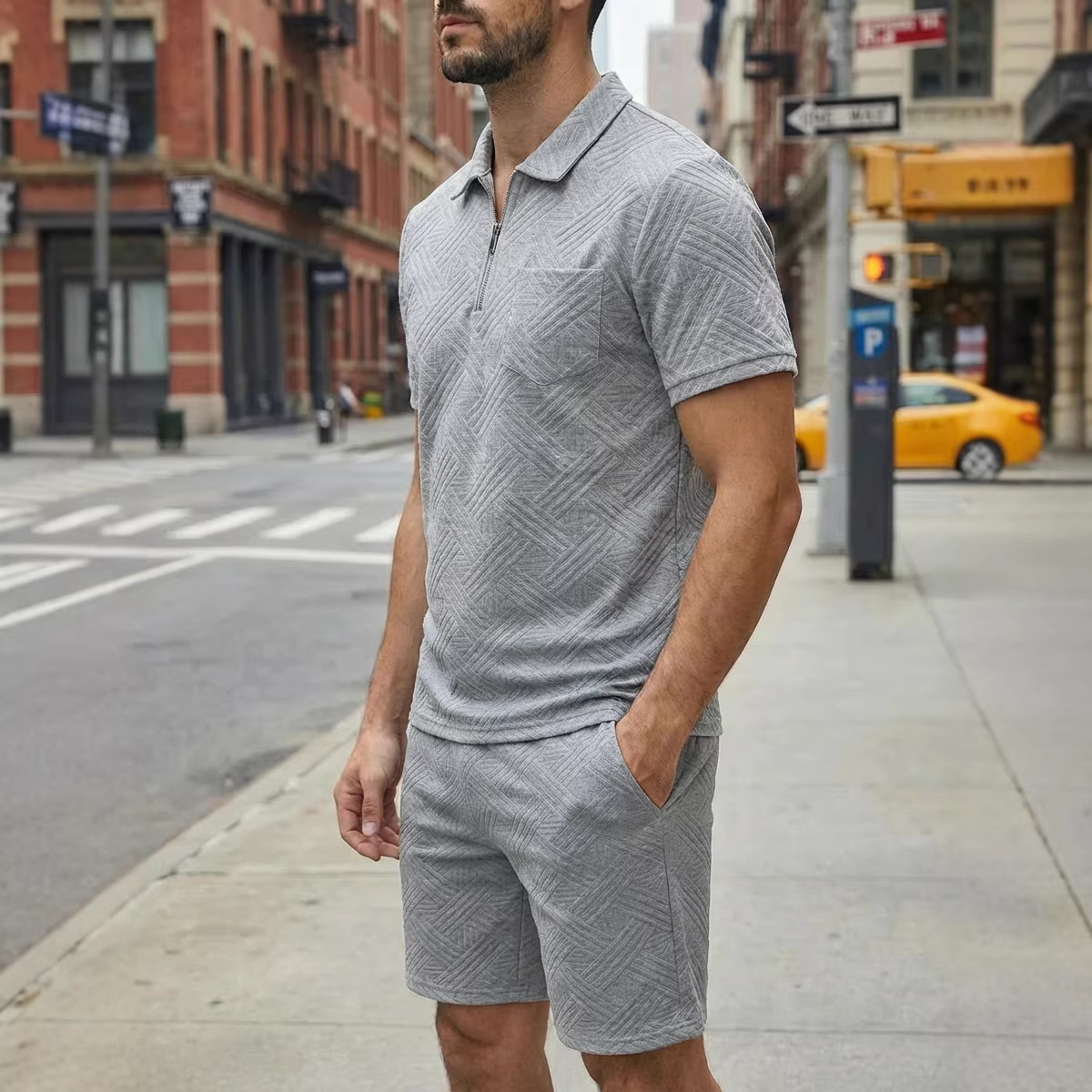 Zweiteiliges Herren-Set aus Waffelstrick, einfarbig, Sommer, Kurzarm, Shorts mit Tasche und Jacquard-Kragen._voghion.com
