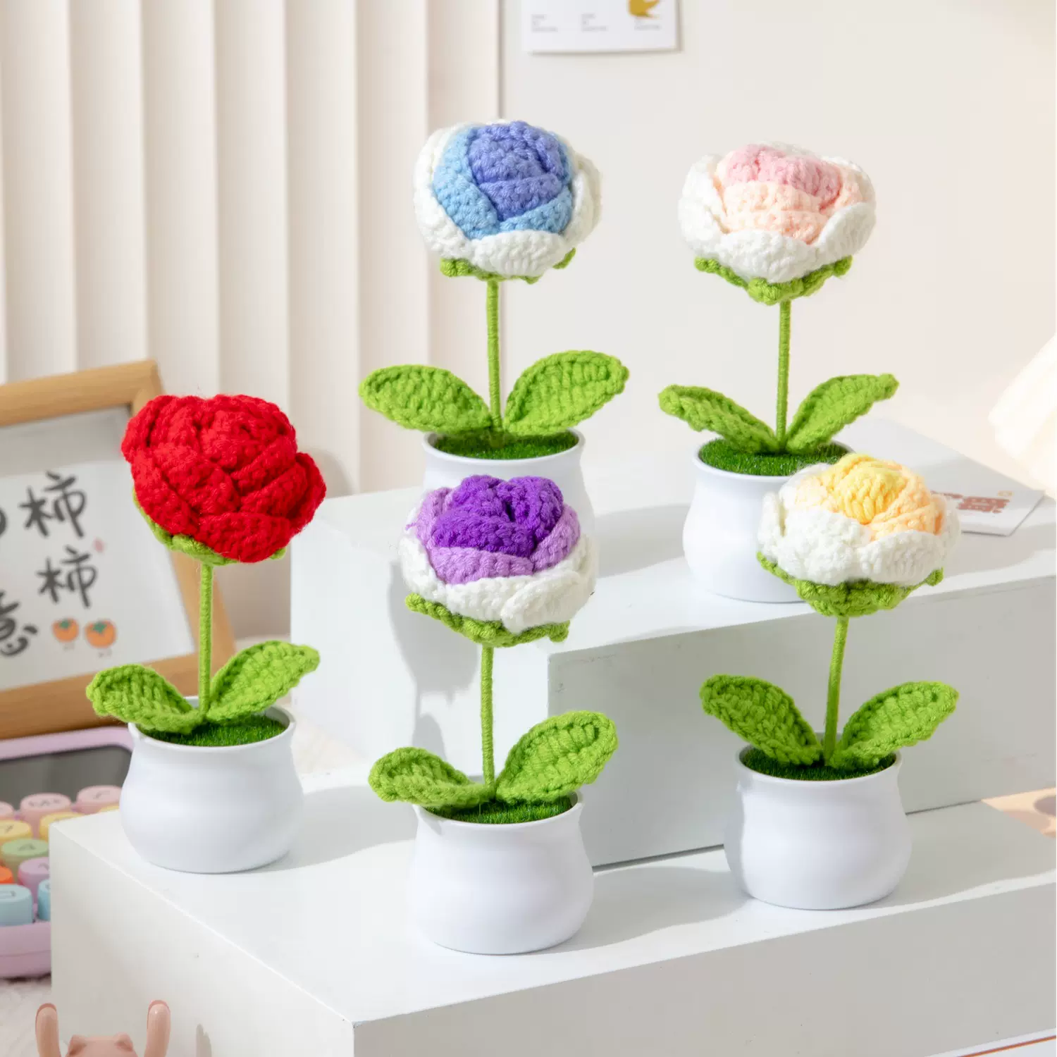 玫瑰花盆栽手工编织假花仿真毛线花摆设成品桌面摆件创意礼物送礼