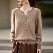 专柜轻奢~无缝100纯羊毛开衫女圆领宽松慵懒拉毛针织毛衣外套上衣