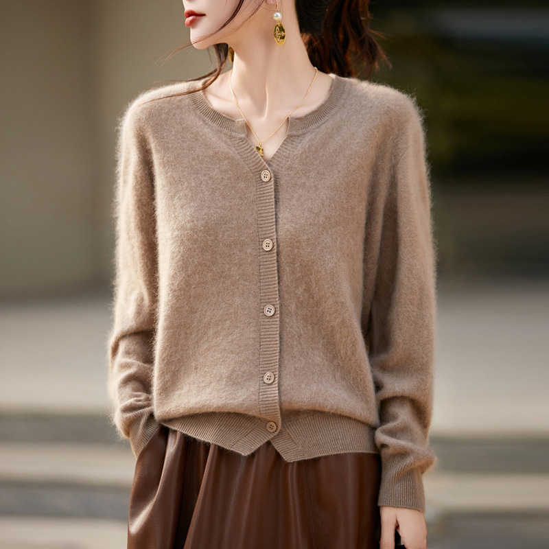 专柜轻奢~无缝100纯羊毛开衫女圆领宽松慵懒拉毛针织毛衣外套上衣