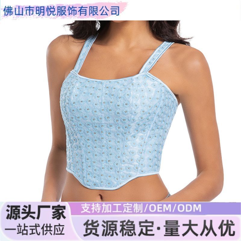 European and American Light Blue Double Shoulder Strap Embroidered Corset Slimming Body Shaping Top Available for Wholesale Cross-Border Temu Factory Goods