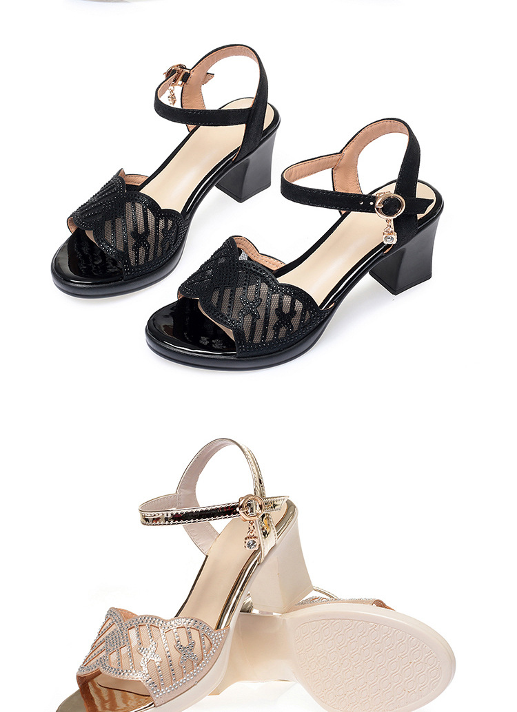 Sandal cao gót nữ hở mũi quai ngang đính đá rhinestone da thật — Màu đen chi tiết 15