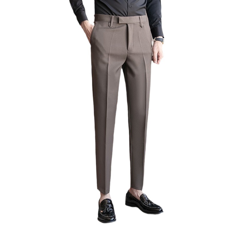 Pantalones de traje de los hombres británicos de Yupi Brown de alto grado ruffle guapo pantalones de traje de negocios formales de verano Pantalones de drapeado flaco