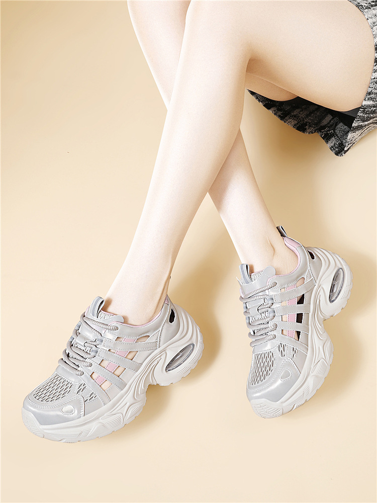 Giày sneaker nữ đế dày lưới thoáng khí phong cách thể thao gót 5 cm — 7234 bột sâm panh cao gót 5cm, 7234 gót trắng cao 5cm