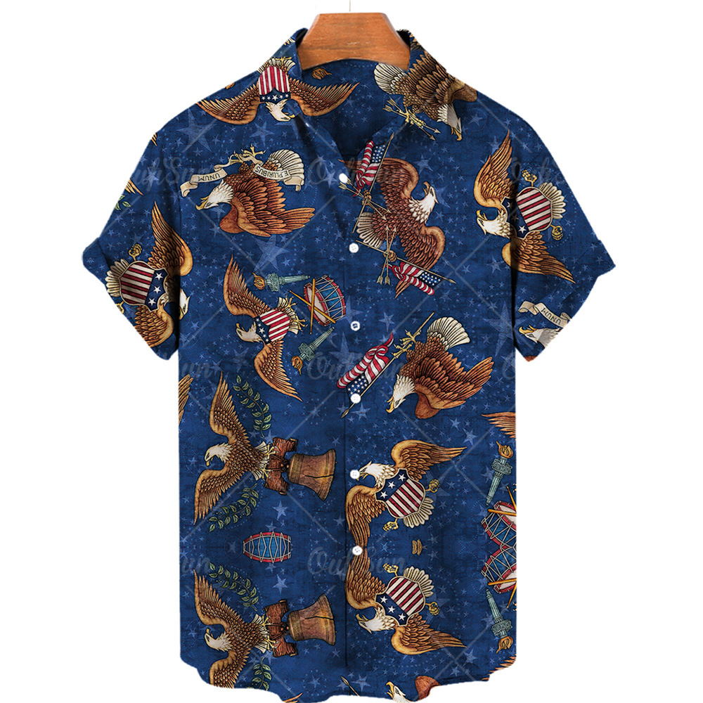 Camisa de estilo nuevo para hombres europeos y americanos transfronterizos bandera estadounidense estampada en 3D Camisa de manga corta de moda de playa de Hawaii