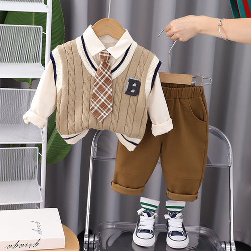 Spring and Autumn New Children's Korean Style Clothes Baby Set for Boys and Girls College Style Knitted Vest Three-Piece Set