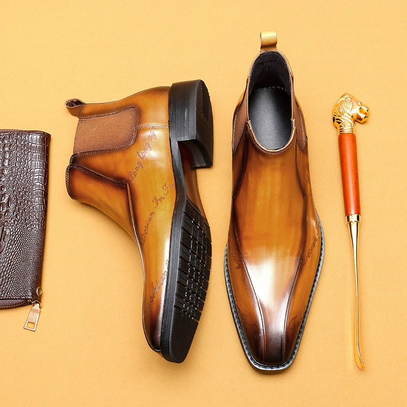 [Vip исключительно] остроконечные короткие сапоги мужской кожаный бизнес подлинный Челси сапоги резные сапоги Мартин сапоги высокие сапоги