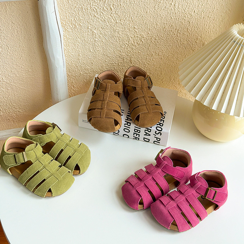 Korean Style Kidsren's Boken Sandals Spring and Summer Girls' Frosted Leather Woven Roman Shoes Men's Baotou Cork Beach Shoes