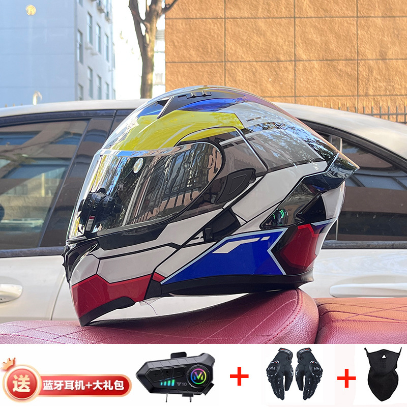 Casco de exposición Orz para hombres y mujeres invierno Doble espejo coche eléctrico semi-Casco completo cola de color coche deportivo ranura Bluetooth cuatro estaciones casco