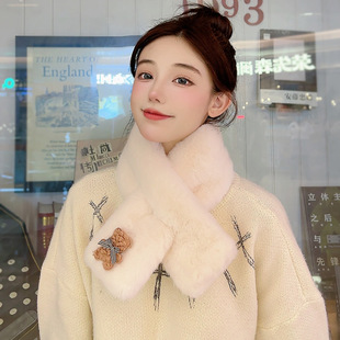 Women's Winter Scarf Faux Rex Rabbit Fur Plush Bear Korean Style Cute Student Thickened Warm Neck Cross Small Scarf