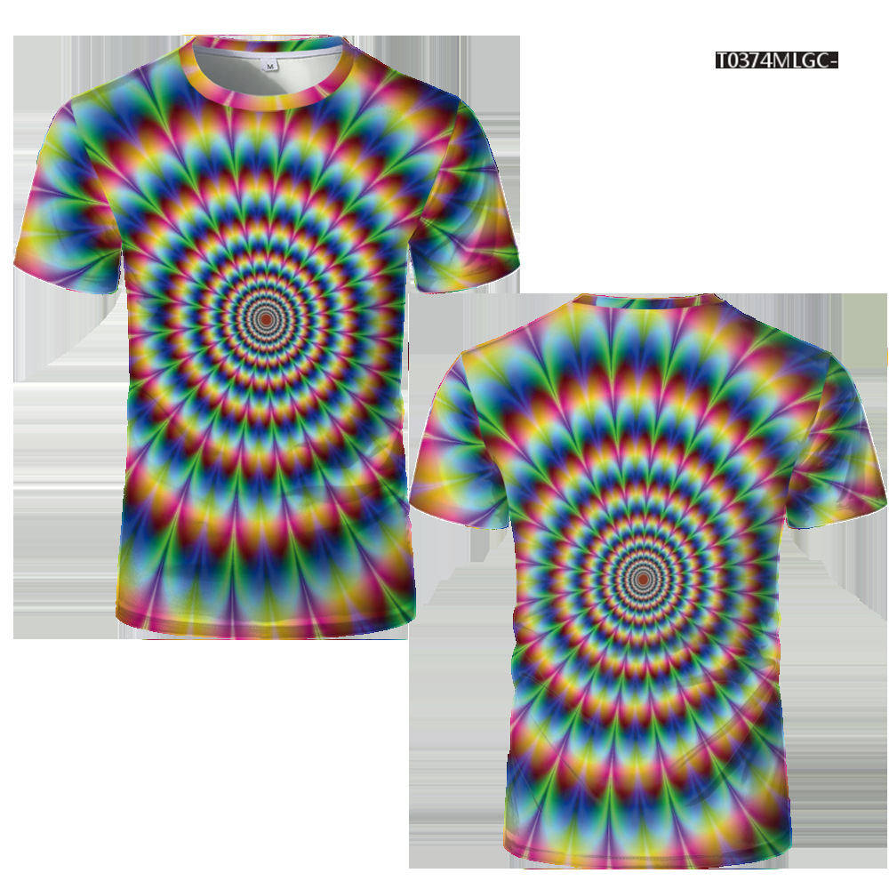 夏季时尚新款T恤视觉错觉3D数码印花男圆领运动休闲短袖彩虹镭射