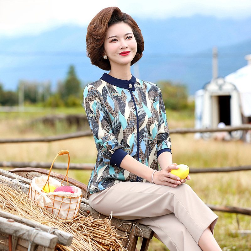 new pattern mom Western style Long sleeve clothes middle age spring clothes Kuotai Tai shirt Middle and old age spring and autumn T-shirt suit