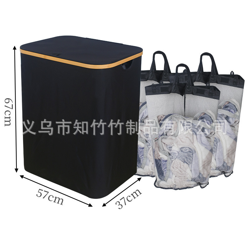 Cesta de ropa sucia transfronteriza con bolsillo interior con cubierta de bambú y madera plegable Cesta de almacenamiento de ropa sucia Cesta de ropa sucia