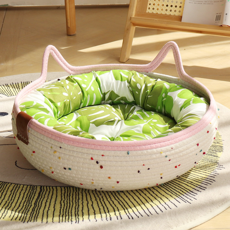 컬러풀한 폼폼 - 핑크 + 그린 코튼 패드 + 그린 베개