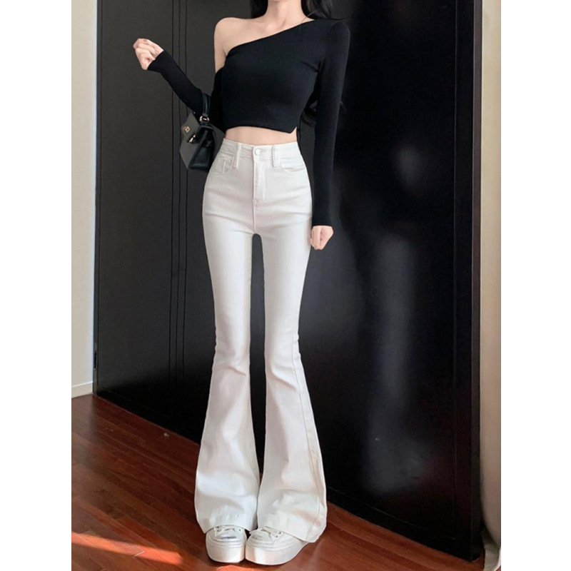 白色高腰牛仔裤女2024春季新款弹力修身显瘦微喇直筒裤辣妹微喇裤