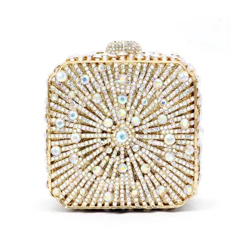 Cross-border diamond-encrusted dinner bag with empty metal hard box diamond bag foreign trade banquet dress hand-held women's bag small square box bag
