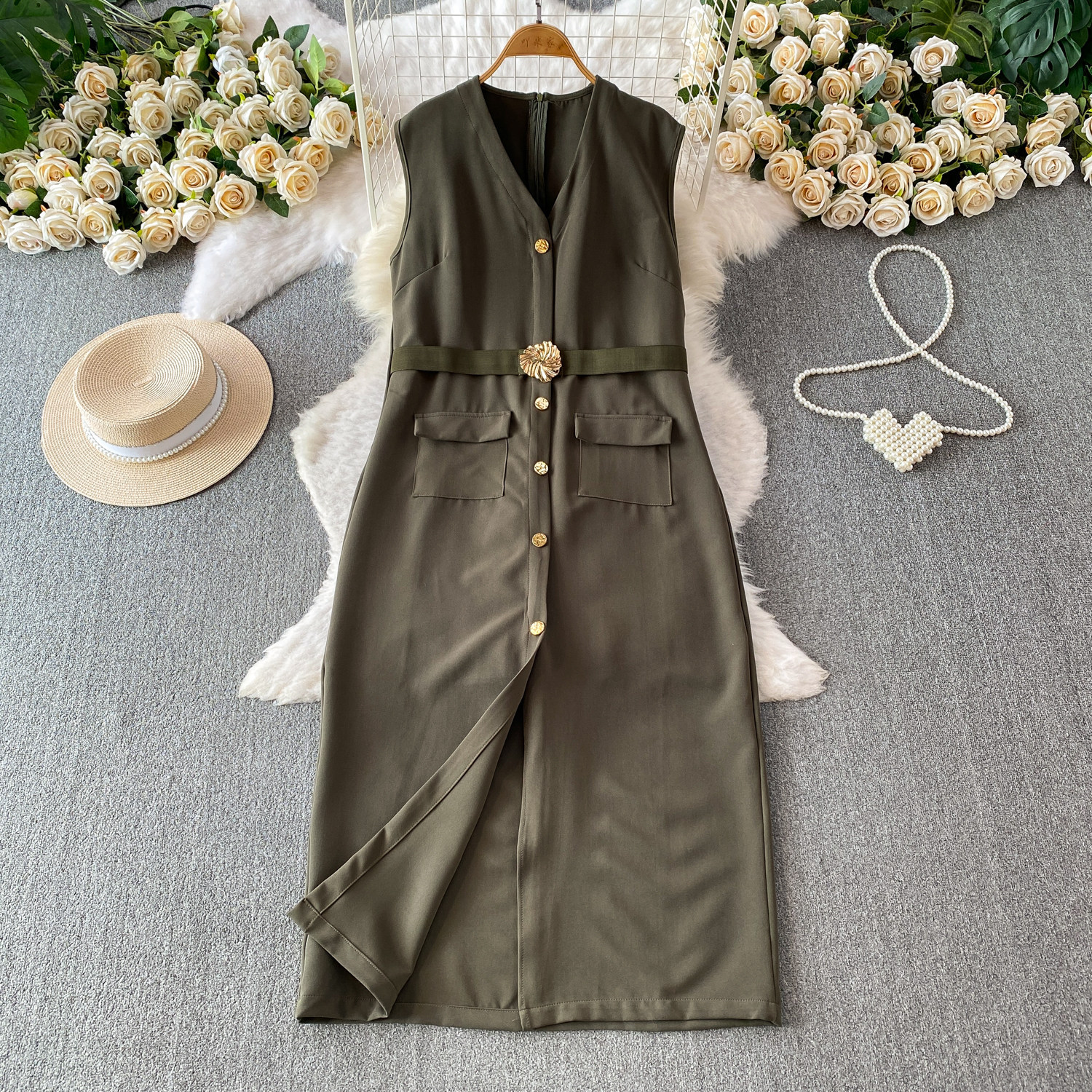 Sophisticated V-Neck Sleeveless Blazer Dress With Metal Buttons, Slimming Waist & High Slit_ecoleips.com