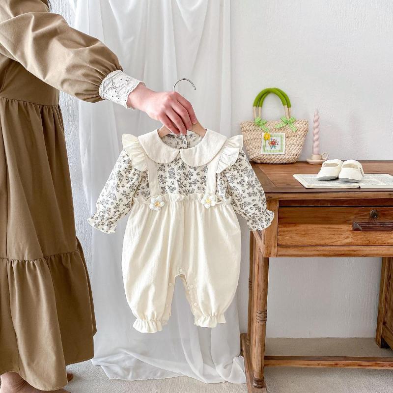 韓国版春秋モデルの女の子の長袖の偽の2つのストラップの連体服の赤ちゃんの洋気の子供の襟の服のファッション|undefined