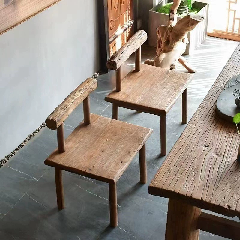 Стул из старого вяза со спинкой, стул в стиле ретро ваби-саби, обеденный стул из цельного дерева, барный стул, китайский стиль, домашний балкон, стул для отдыха