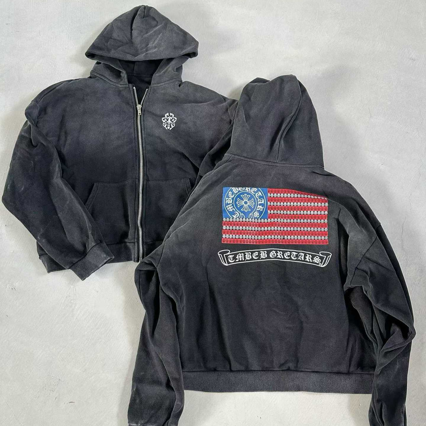 高版本 克罗星条旗印花图案做旧水洗拉链连帽卫衣女宽松休闲外套