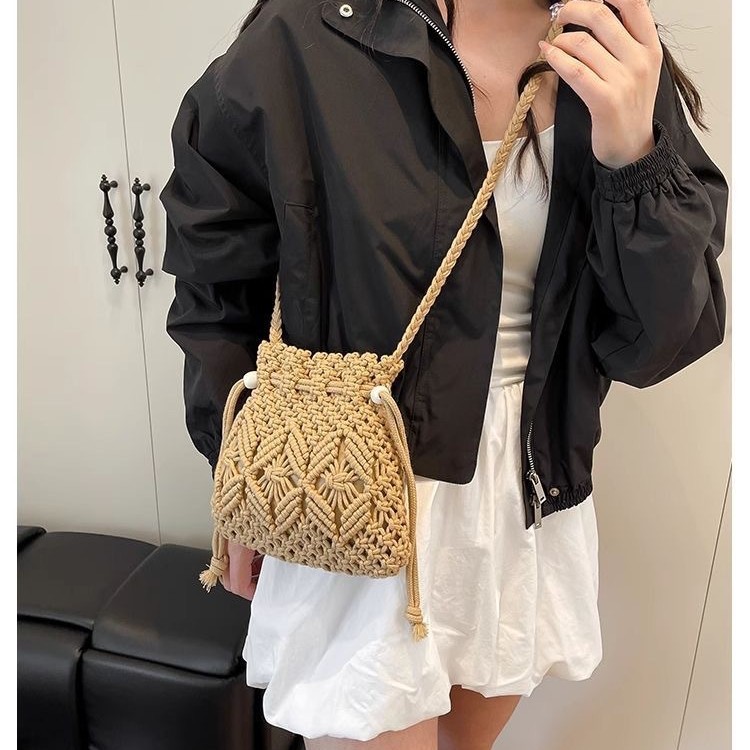 Women's Crossbody Woven Bag - New Fashion Niche Design Hollow-Out Bucket Bag, Beach Vacation Style - Thumbnail 2