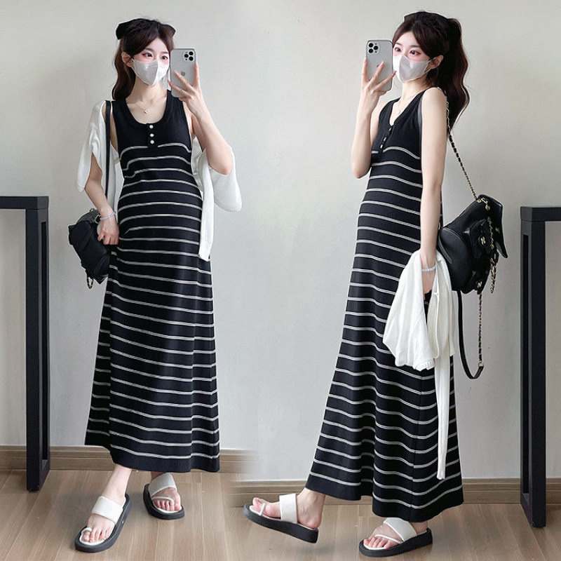 Ready-Made Striped Sleeveless Long Slim Fit Nursing Maternity Dress + Sun Protection Shirt Plus Size Women's Clothing