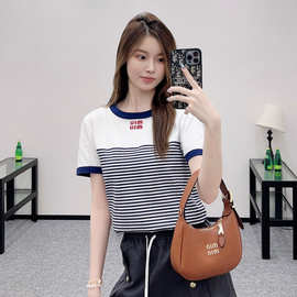 mi u圆领条纹短袖领口袖口以撞色螺纹拼色上衣女25早秋8月新品T恤