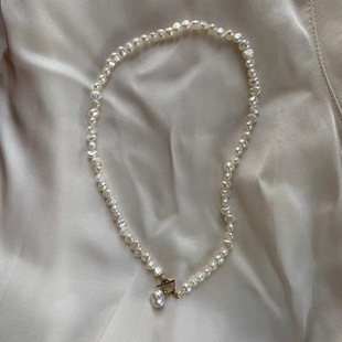 Designer Natural Light Baroque Pearl Necklace 14k Gold French Vintage Clavicle Chain Gift