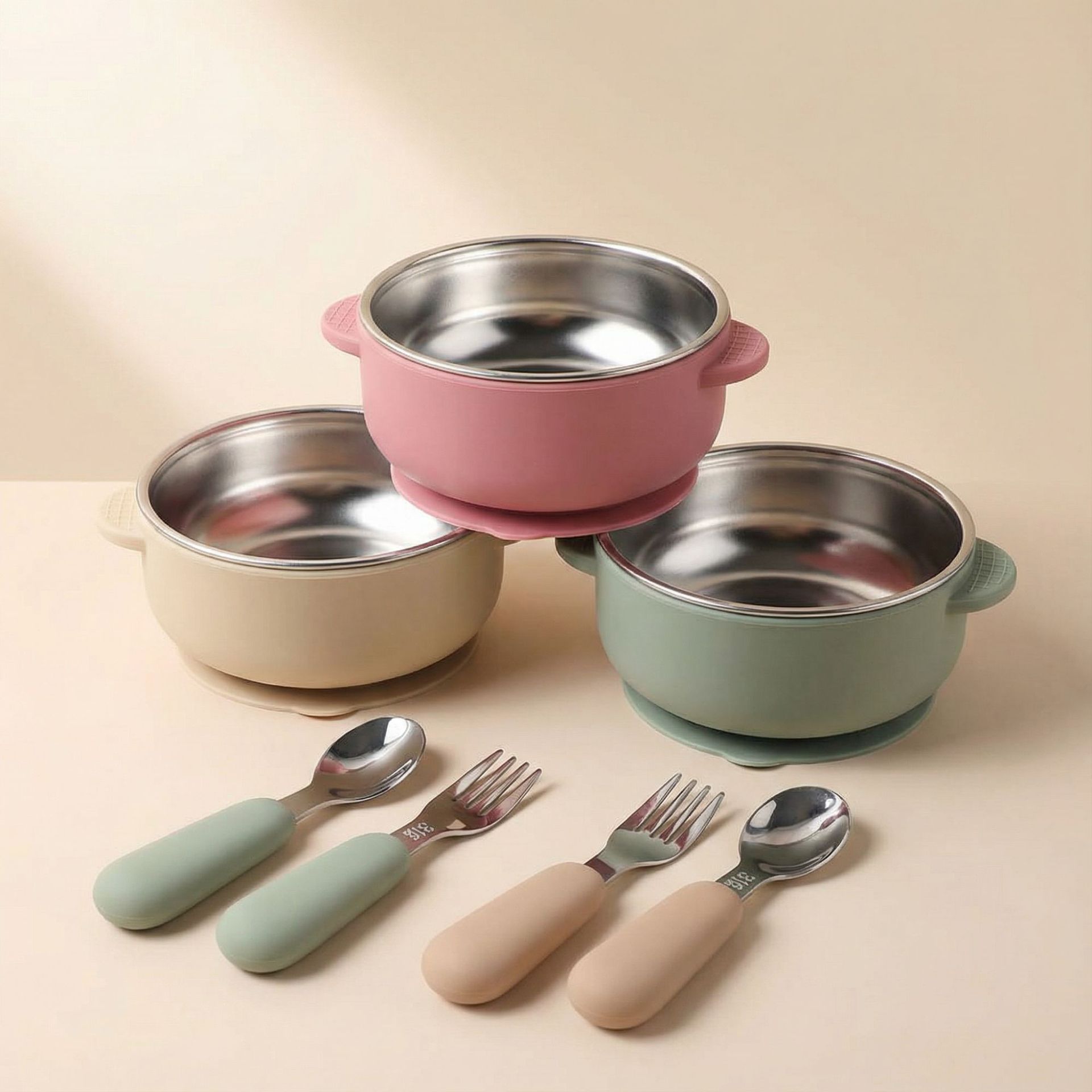 Factory Direct Sales Baby Eating Training Silicone Stainless Steel Fork and Spoon Infant Short Handle Children's Tableware Portable Spoon and Fork