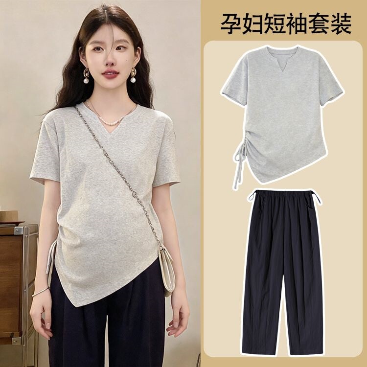 Maternity T-Shirt Summer Irregular Short-Sleeve V-Neck Top Korean Style Slim-Fit Yamamoto Pants Two-Piece Set