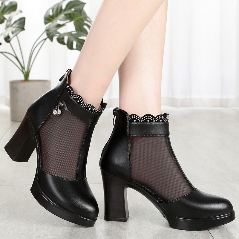 Boot nữ da thật cổ thấp gót vuông 5 cm mũi hở lưới thoáng khí — Đen/mũi hở